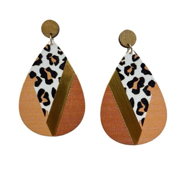 pdxroots Jewelry - Leopard Print Teardrop Stud Dangle Earrings Gold Tone Geometric Statement